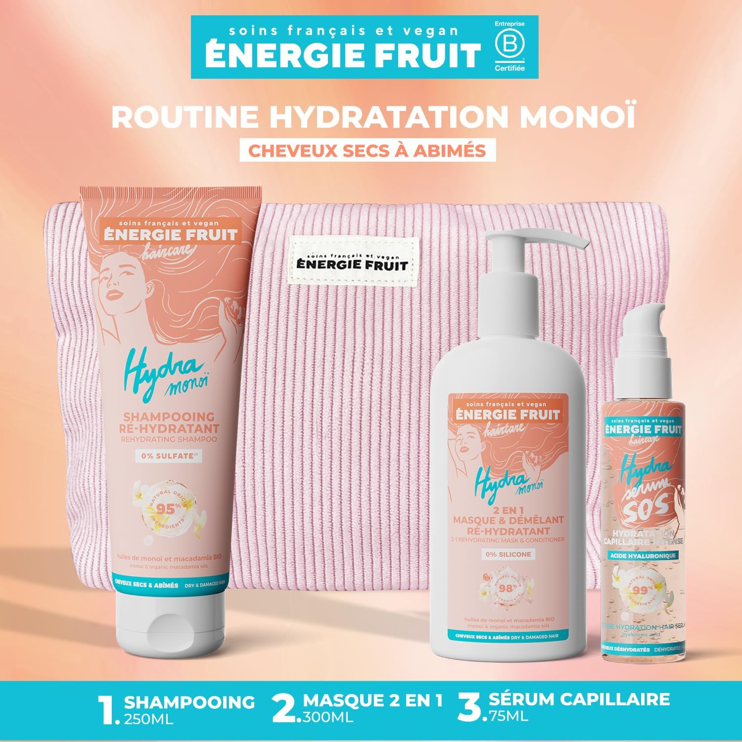Energie Fruit - Routine capillaire Monoi & acide hyaluronique - trio soin cheveux secs, trousse offerte