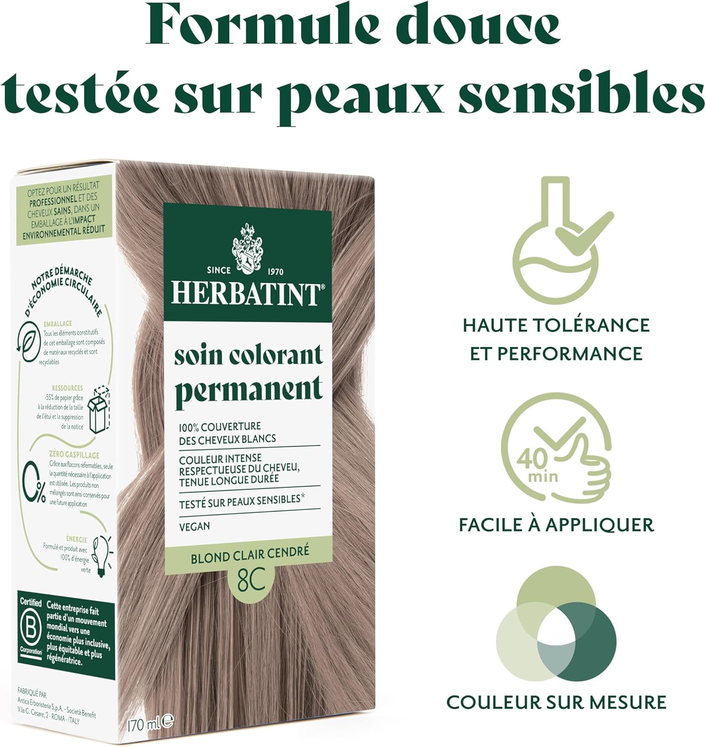 Herbatint - Soin Colorant 8C - 170 ml - sans ammoniaque, couvre 100% des cheveux blancs