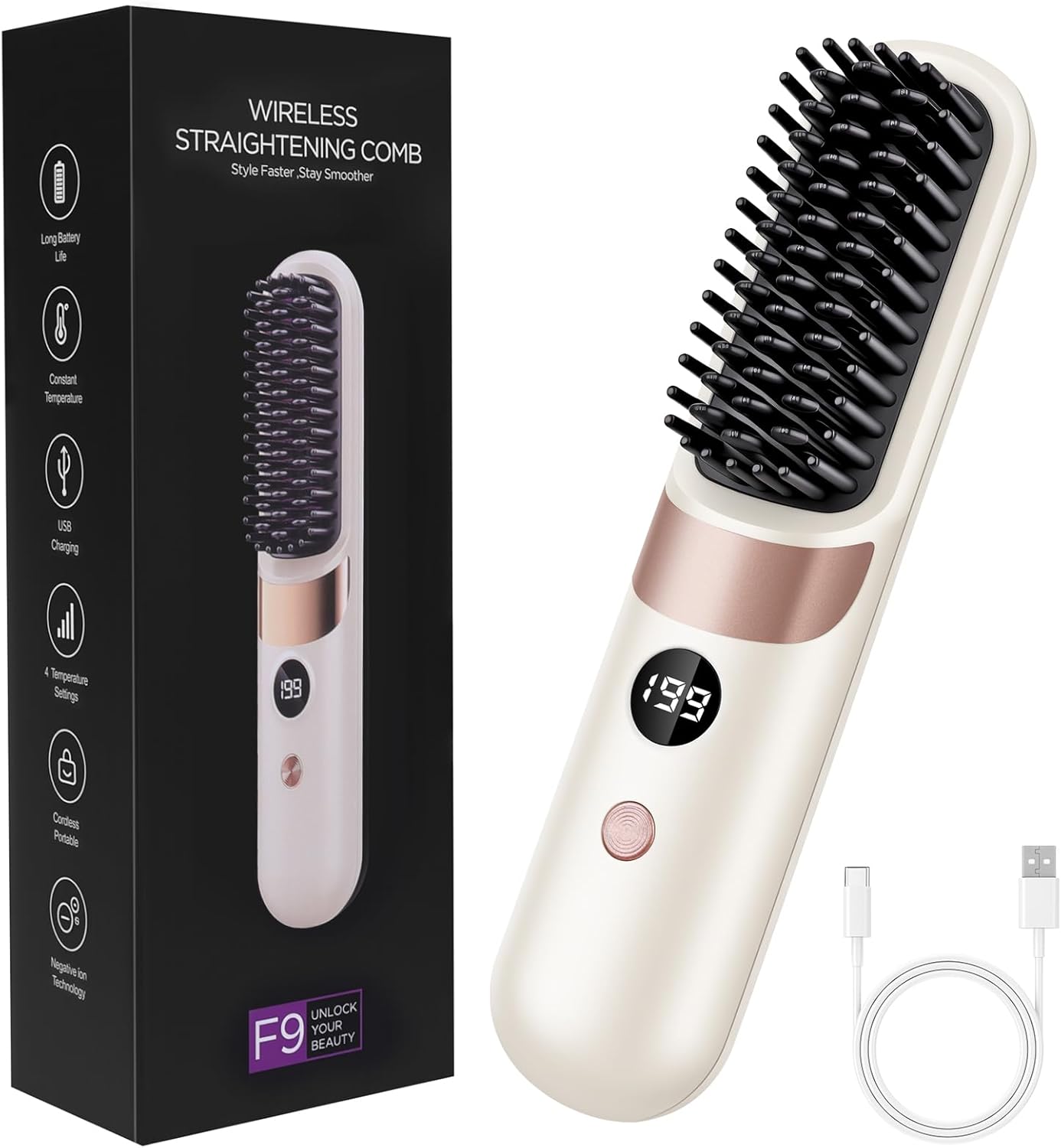 LOPHE - Brosse lissante sans fil, écran LED, 4 températures, USB-C, 3600mAh