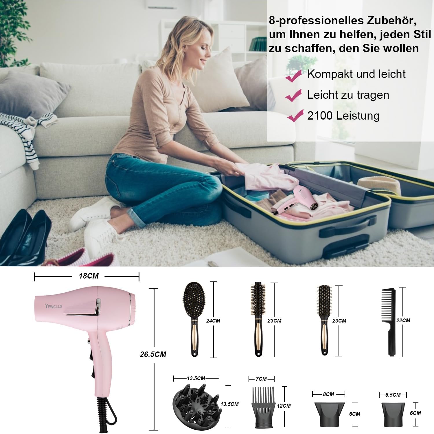 Sèche-cheveux ionique - Salon séchage rapide 2100W - 2 concentrateurs, 4 peignes, 1 diffuseur, bouton froid
