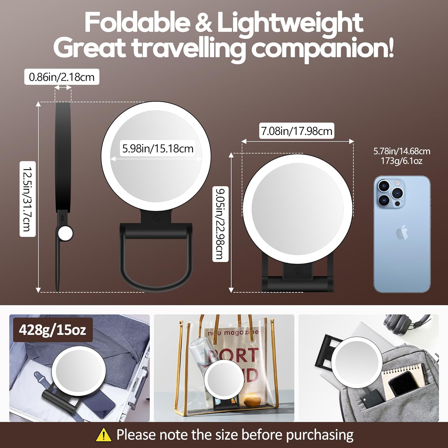 Miroir de maquillage - double face 1X/30X, 2000mAh, 3 lumières, compact