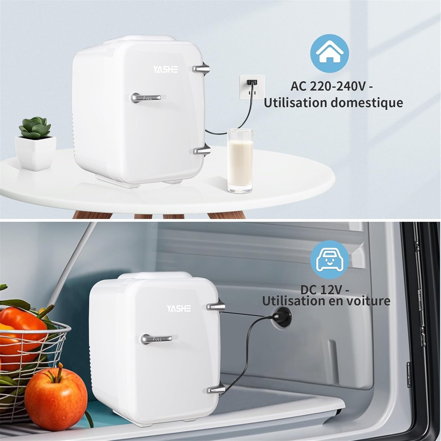 YASHE - Mini Frigo 4L - compact, 6 canettes, CA/CC, blanc