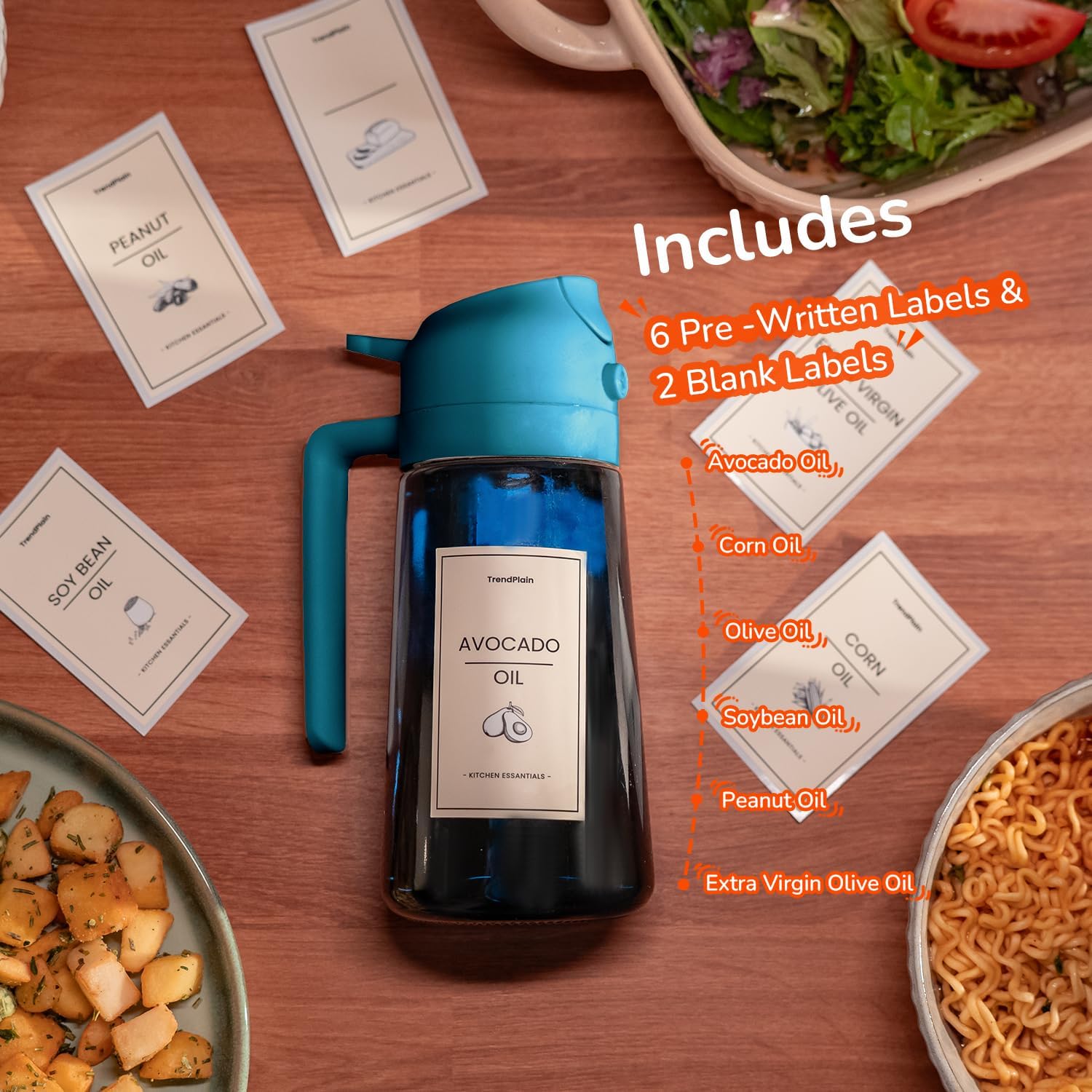 TrendPlain - Spray Huile Cuisine 470ml - vaporisateur 2-en-1, bleu