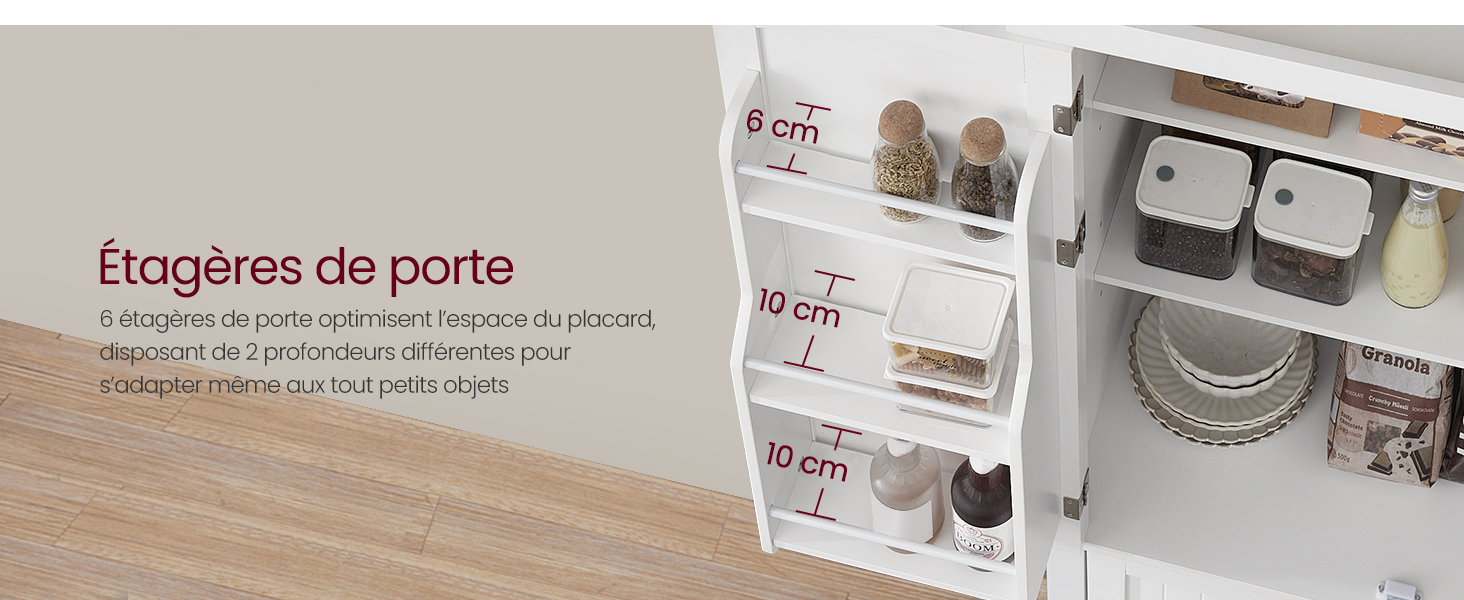 avec plusieurs étagères transparentes montées sur une porte blanche, mettant en valeur le rangement organisé de divers articles