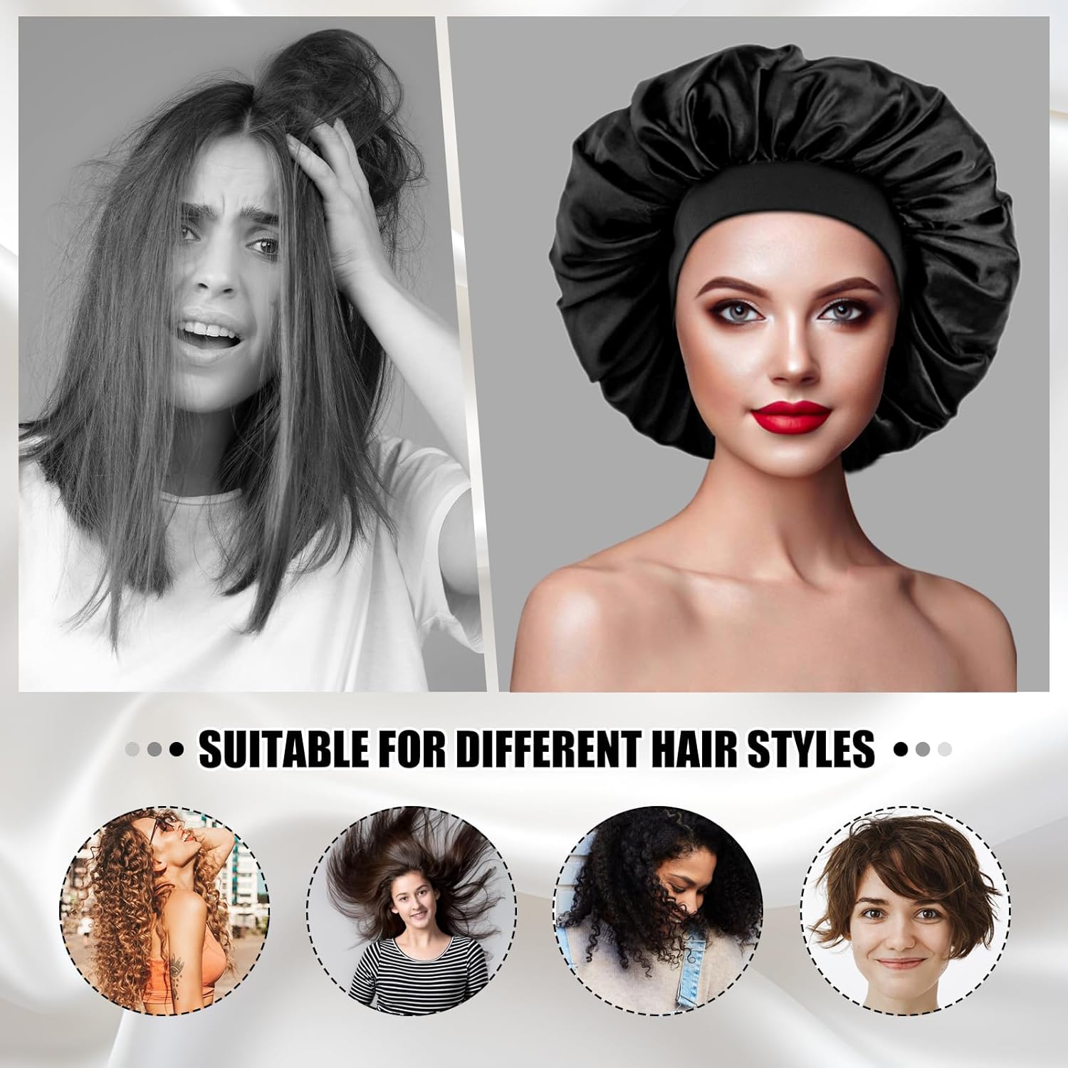 Bonnet de nuit satin - élastique, soin cheveux, doux, réglable