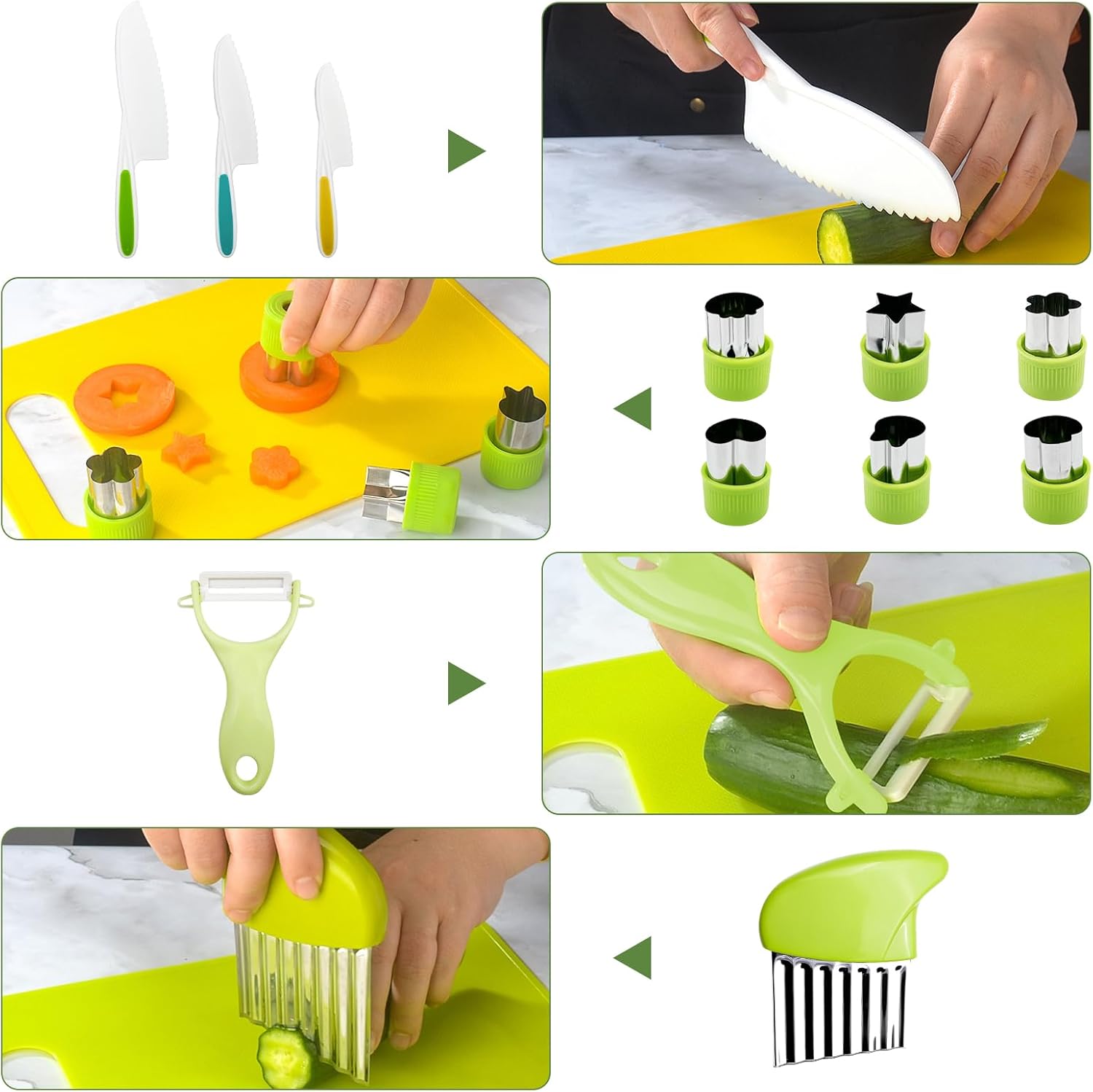 Couteaux de cuisine enfants - set plastique, planche, éplucheur - sécurisés, adaptés fruits/légumes
