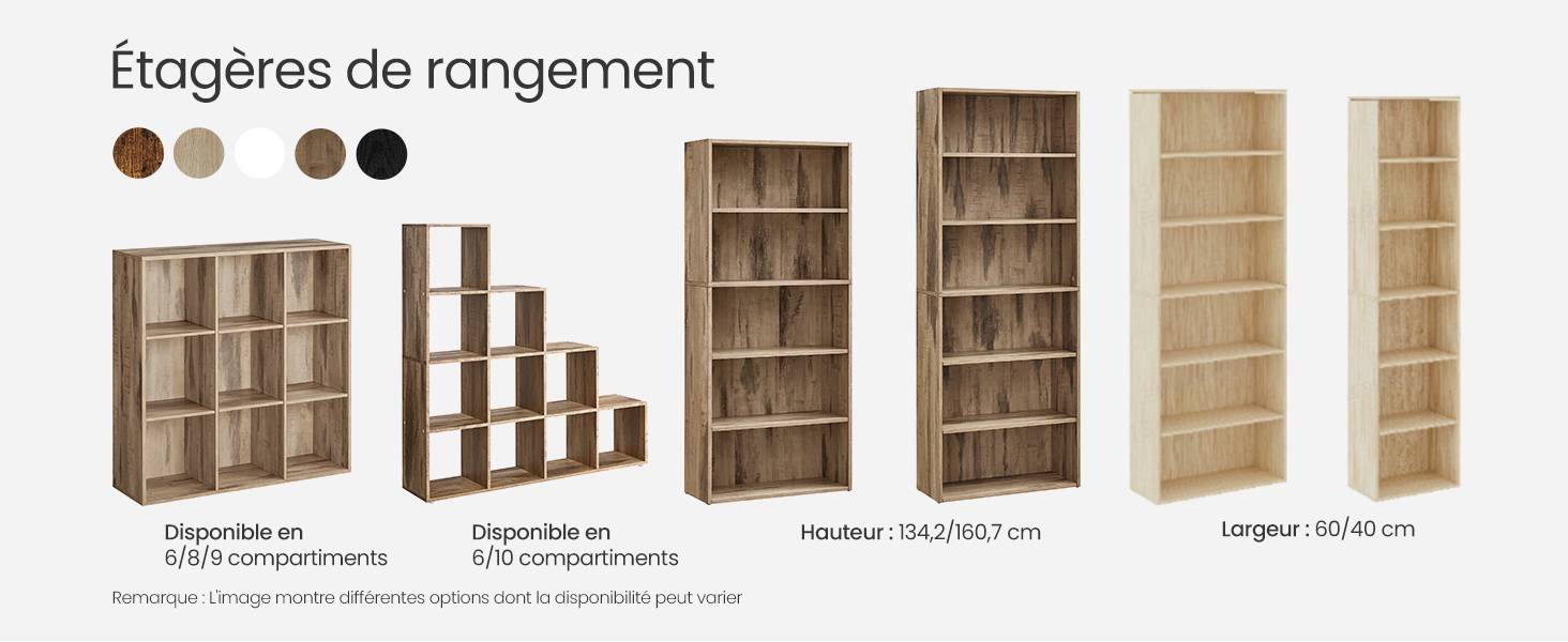 Étagères de rangement en bois de différentes tailles et configurations. Les options incluent des compartiments 6/9/12/16 et différentes hauteurs. Disponible en plusieurs finitions de bois.
