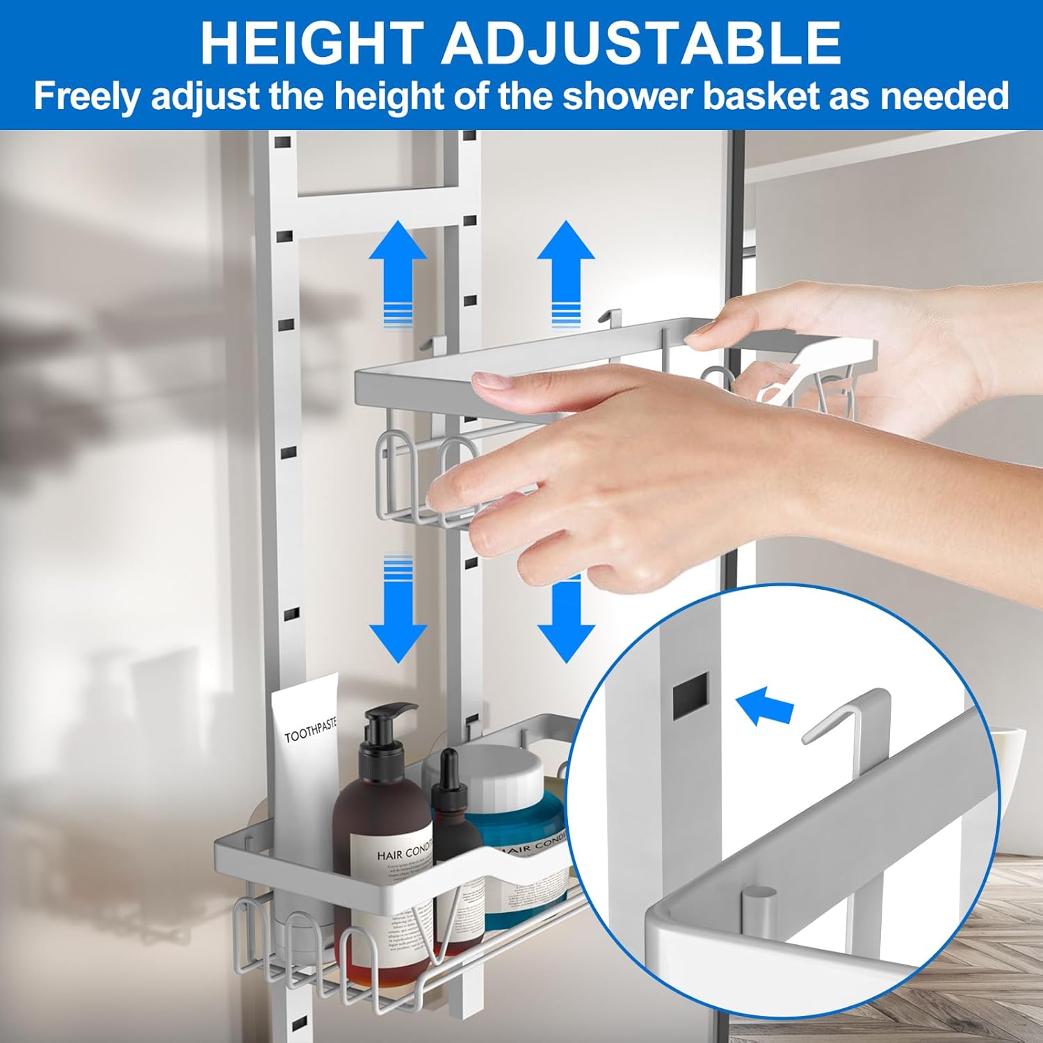 Étagère douche - 3 paniers réglables, sans perçage, blanc, 3 couches