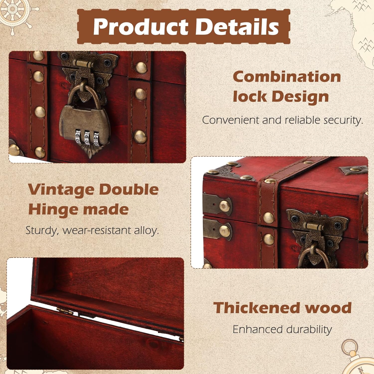 Coffre Trésor Vintage en Bois - boîte à cadenas pirate, couvercle, tirelire enfant, rouge - rangement bijoux, déco