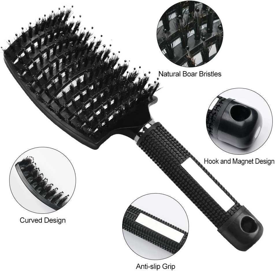 URAQT - Brosse à cheveux incurvée - poils de sanglier, séchage rapide, massage, démêlante - noire