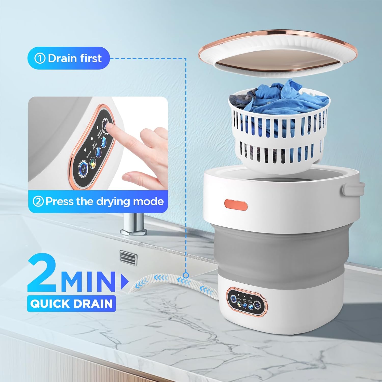 Mini machine à laver portable 13L, 3 modes, tuyau drainage, compact