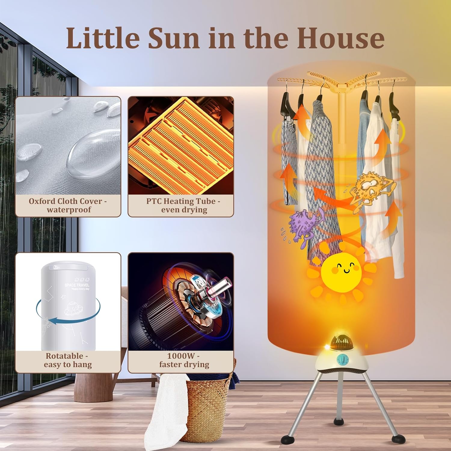 Sèche-linge électrique - 170cm - pompe à chaleur 1000W, 2 couches, minuterie