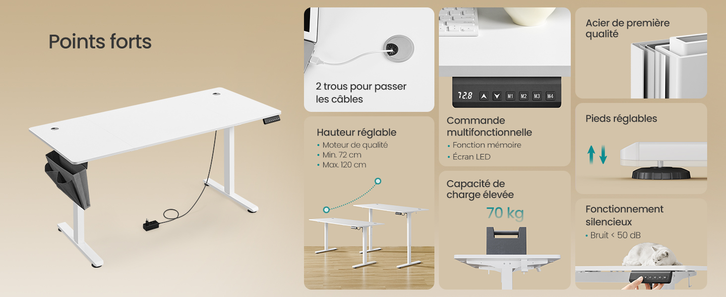 avec réglage électronique de la hauteur. De nombreuses images détaillées montrent les caractéristiques d'alimentation, la gestion des câbles et les options d'assemblage.