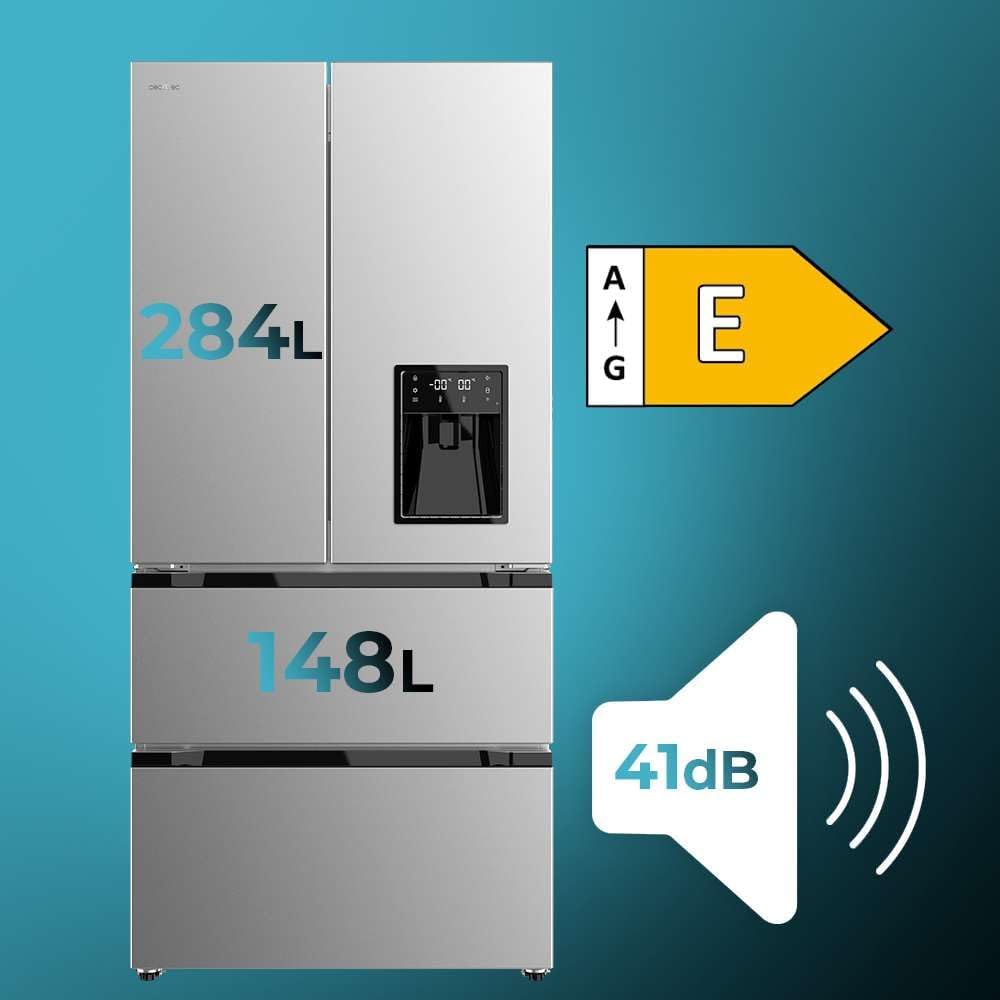 Cecotec - Bolero CoolMarket série FD - 436L inox, 4 portes, eau, No Frost, MultiAirFlow, Vacances, FD436WD