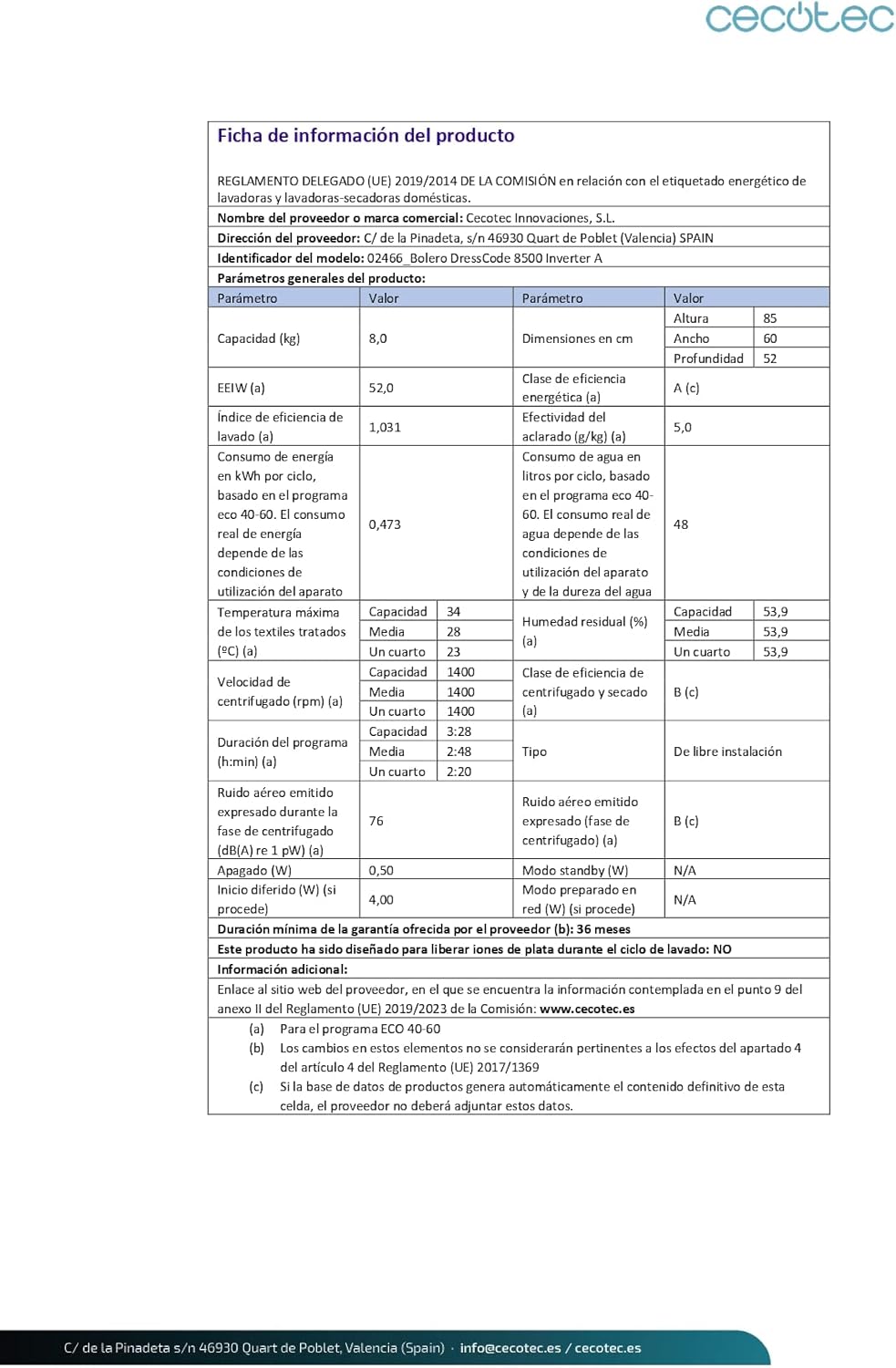 Cecotec - Bolero Dresscode 8500 - 8kg, 1400rpm, Inverter, 16 programmes