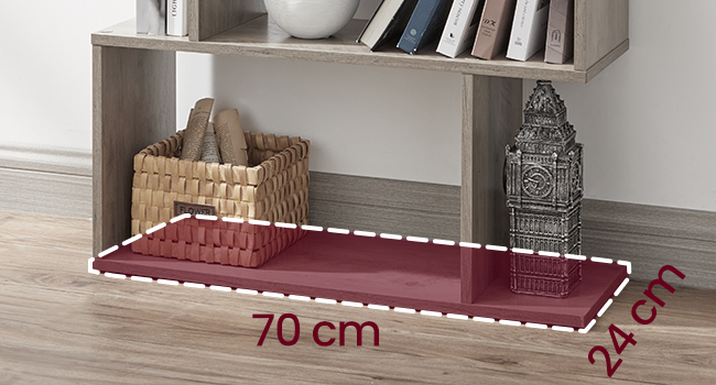 Étagère ou plateau rectangulaire bordeaux sous un meuble en bois. Dimensions indiquées : 70 cm de longueur, 24 cm de largeur. Les objets décoratifs visibles incluent un panier tissé et une réplique miniature de Big Ben.