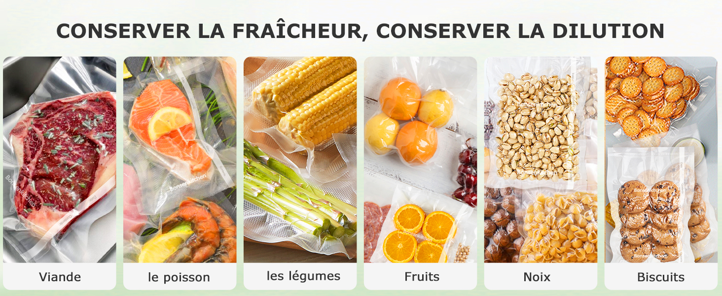 Le texte se lit comme suit : « CONSERVER LA FRAICHEUR, CONSERVER LA DILUTION ». Grille d'images de stockage des aliments montrant divers ingrédients dans des contenants.