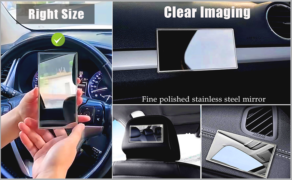 Der Text lautet „Richtige Größe“ und „Clear Imaging“. Bilderserie, die das Handyhalterungssystem im Auto zeigt und die Installation und Verwendung demonstriert.