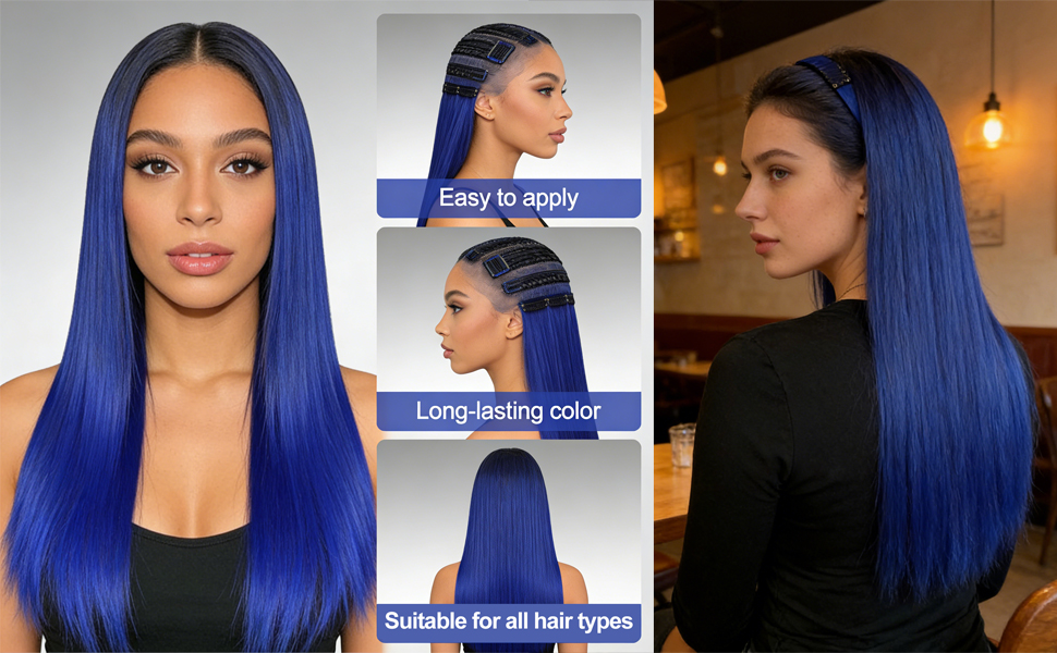 Le texte indique « Facile à appliquer », « Couleur durable », « Convient à tous les types de cheveux ». Collage montrant une couleur de cheveux bleu électrique vibrante sous plusieurs angles sur des cheveux raides coiffés.