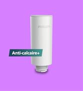 Le texte indique « Anti-calcaire+ ». Filtre cylindrique blanc ou dispositif à cartouche illustré sur fond violet sous plusieurs angles.