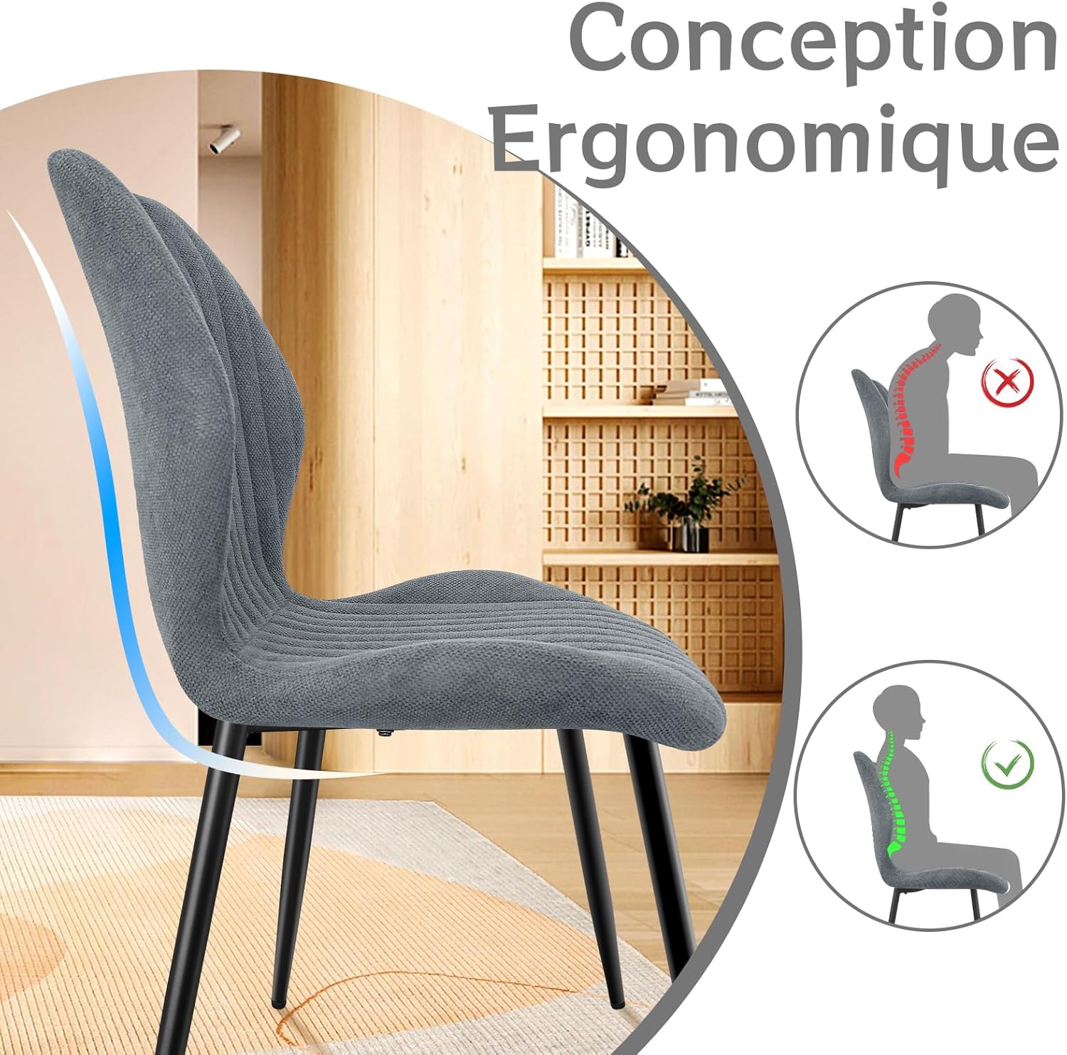 Chaises de salle à manger - lot de 4 - tissu gris, pieds métal, dossier confortable