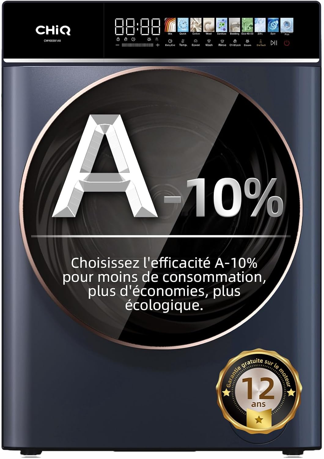 CHiQ - Lave-linge 10 kg, classe A-10%, Inverter, vapeur, CW106581AX