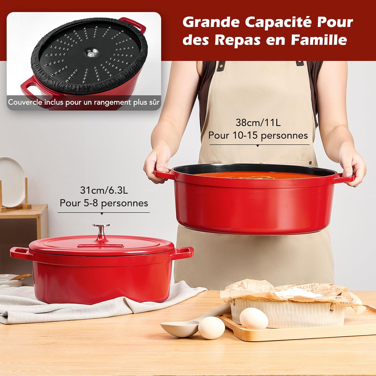 Cocotte fonte ovale 38cm, 11L, fonte alu, revêtement céramique, rouge