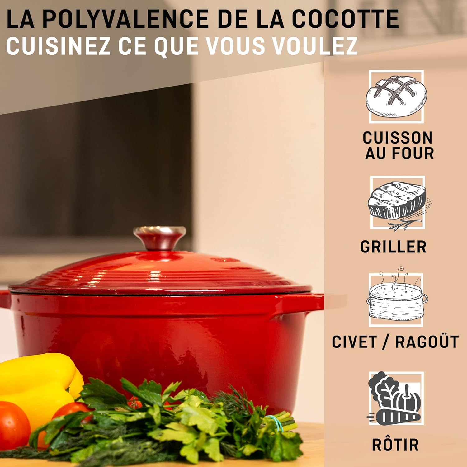 VeoHome - cocotte fonte émaillée 6L Ø28cm - induction, four, cuisson homogène