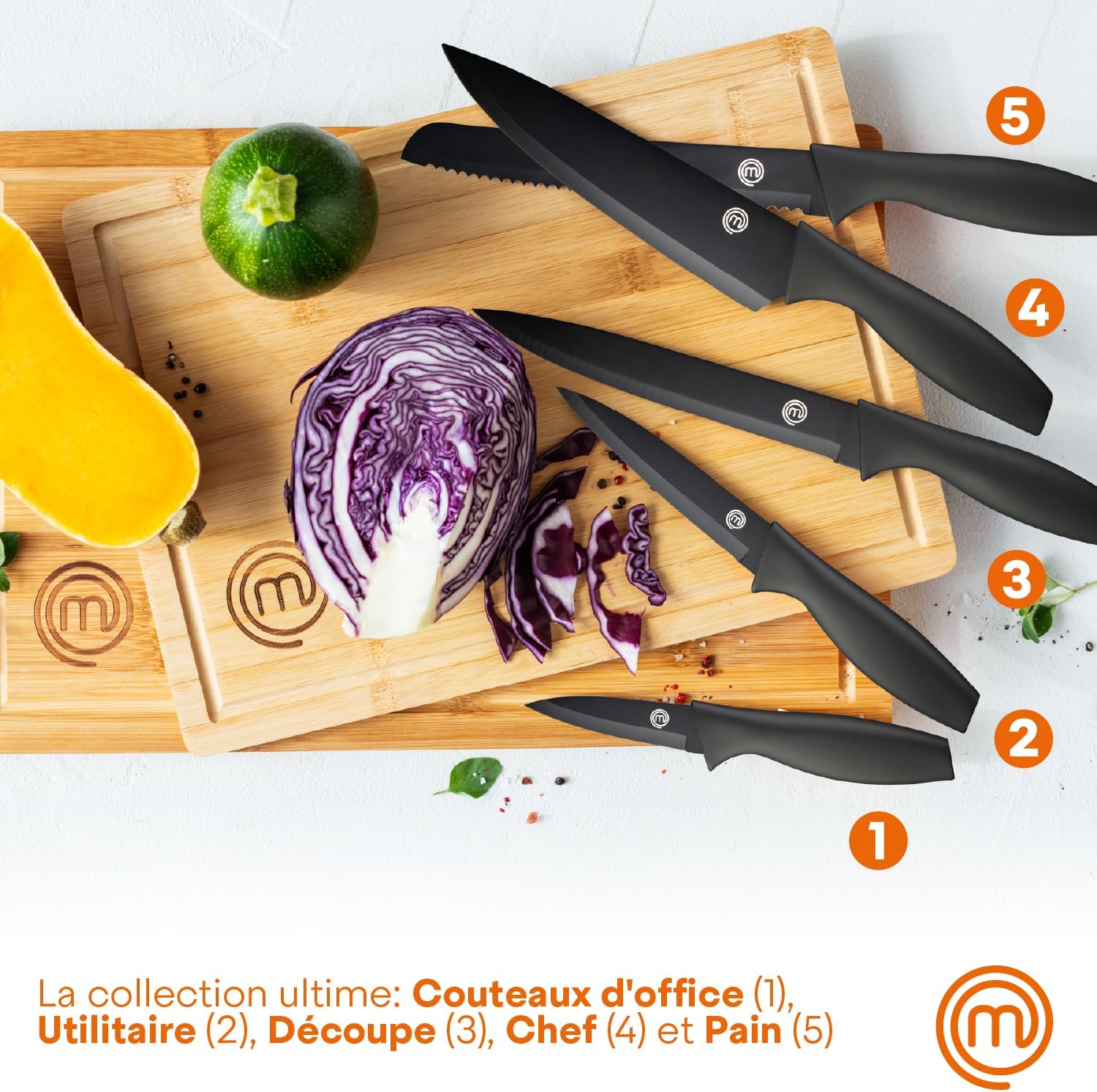 MasterChef - Bloc couteaux cuisine - inox, manches ergonomiques, noir