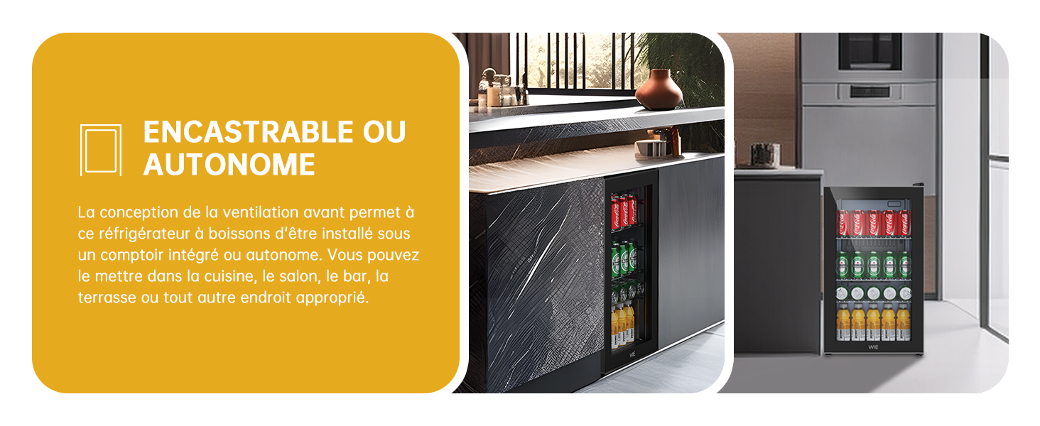 Refroidisseur à vin encastré ou autoportant. Design noir élégant avec porte vitrée, exposant plusieurs bouteilles de vin dans un décor de cuisine.