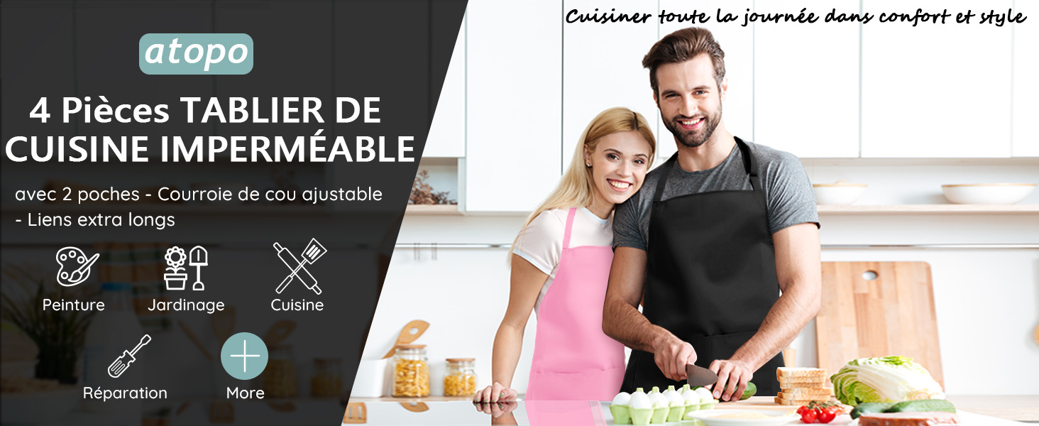 Image du produit pour un ensemble de tabliers de cuisine imperméables. Comprend 4 pièces, 2 poches, une sangle de cou ajustable et des liens extra-longs. Les icônes indiquent qu'il convient à la famille, à la cuisine et au nettoyage.