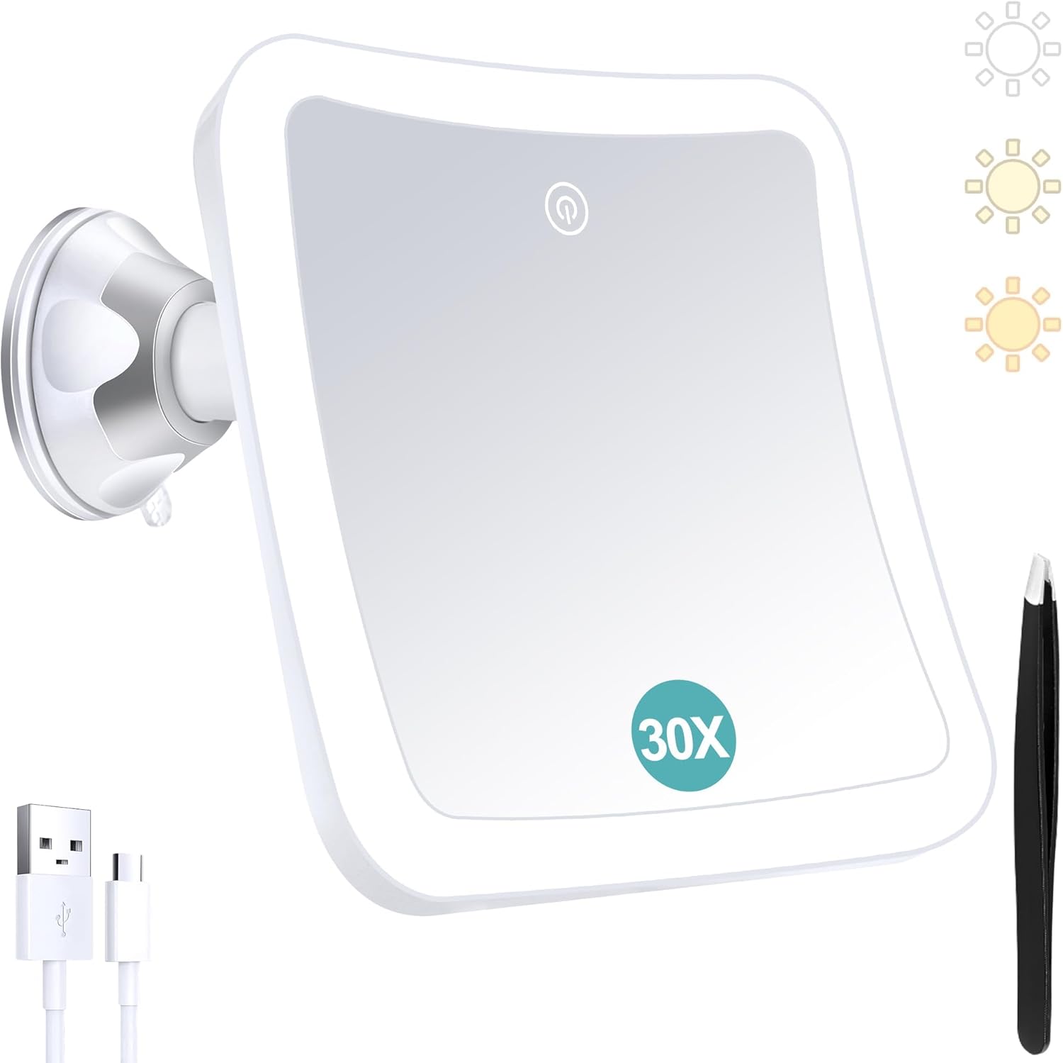 Miroir grossissant carré - 30x - lumineux, tactile, ventouse, rechargeable, rotation 360°
