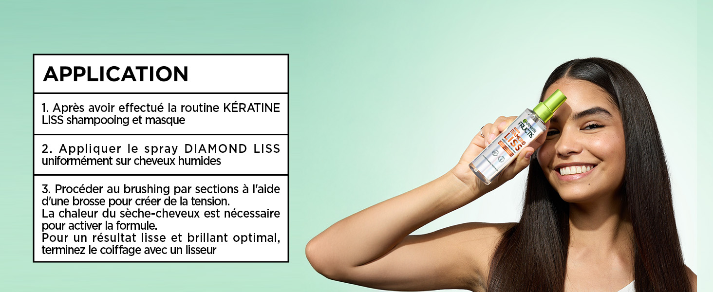 Le texte se lit comme suit : « APPLICATION ». Les instructions ou directives d'application du produit sont affichées sur un fond vert clair avec du texte et des éléments visuels.