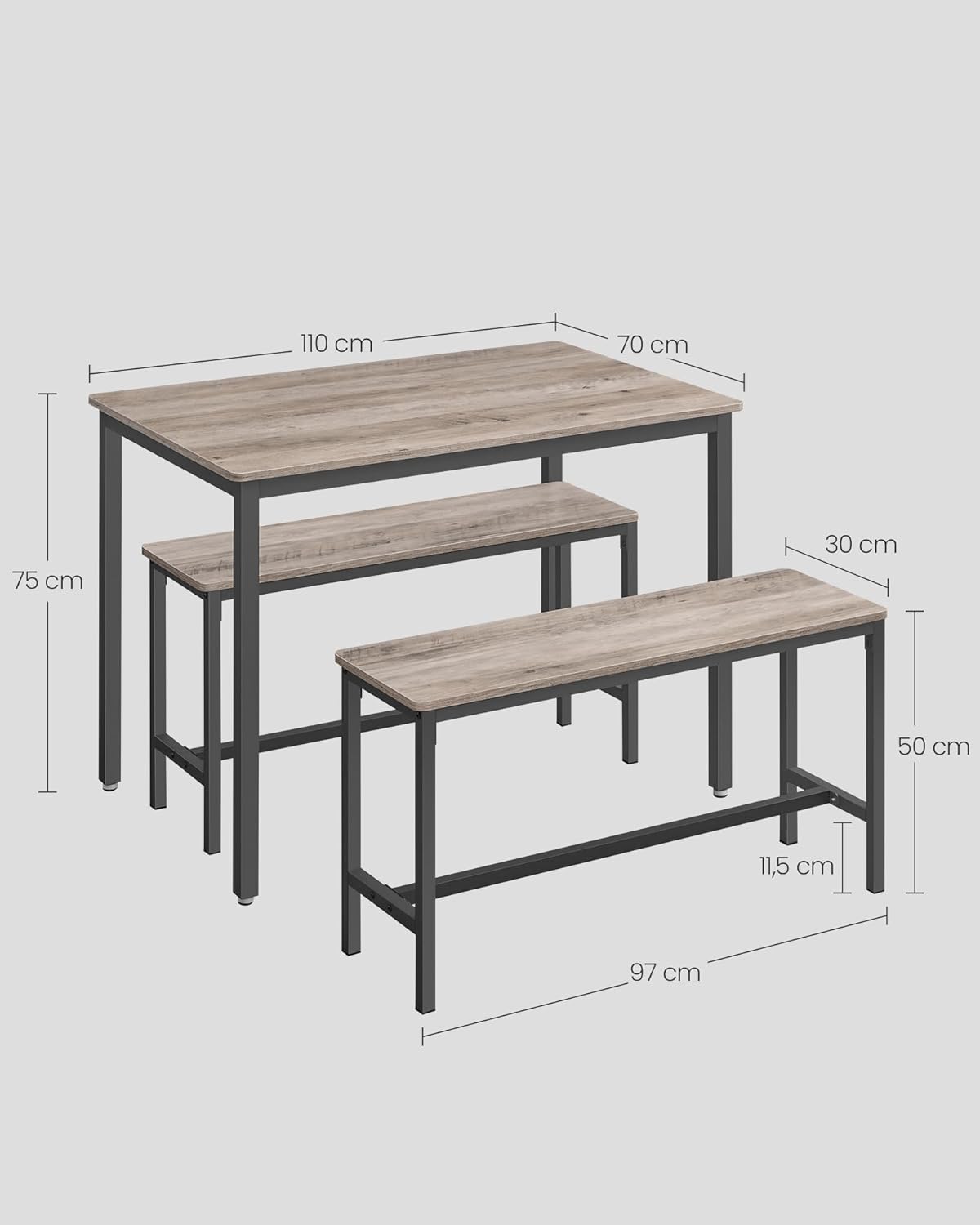 VASAGLE - table à manger 3 pièces - 70x110x75cm acier grège - KDT070B02
