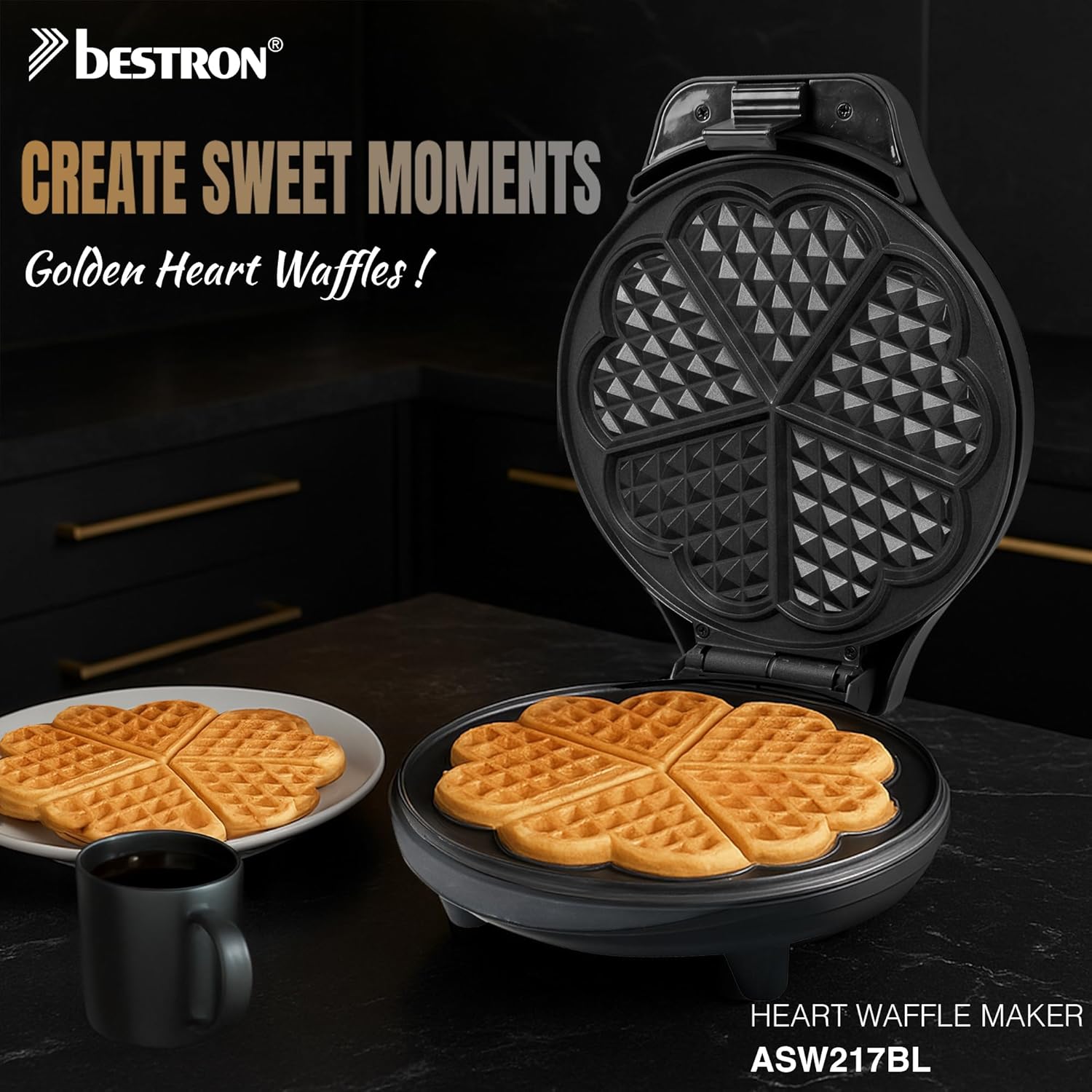 Bestron - Black Label - 700W - gaufrier cœur antiadhésif noir