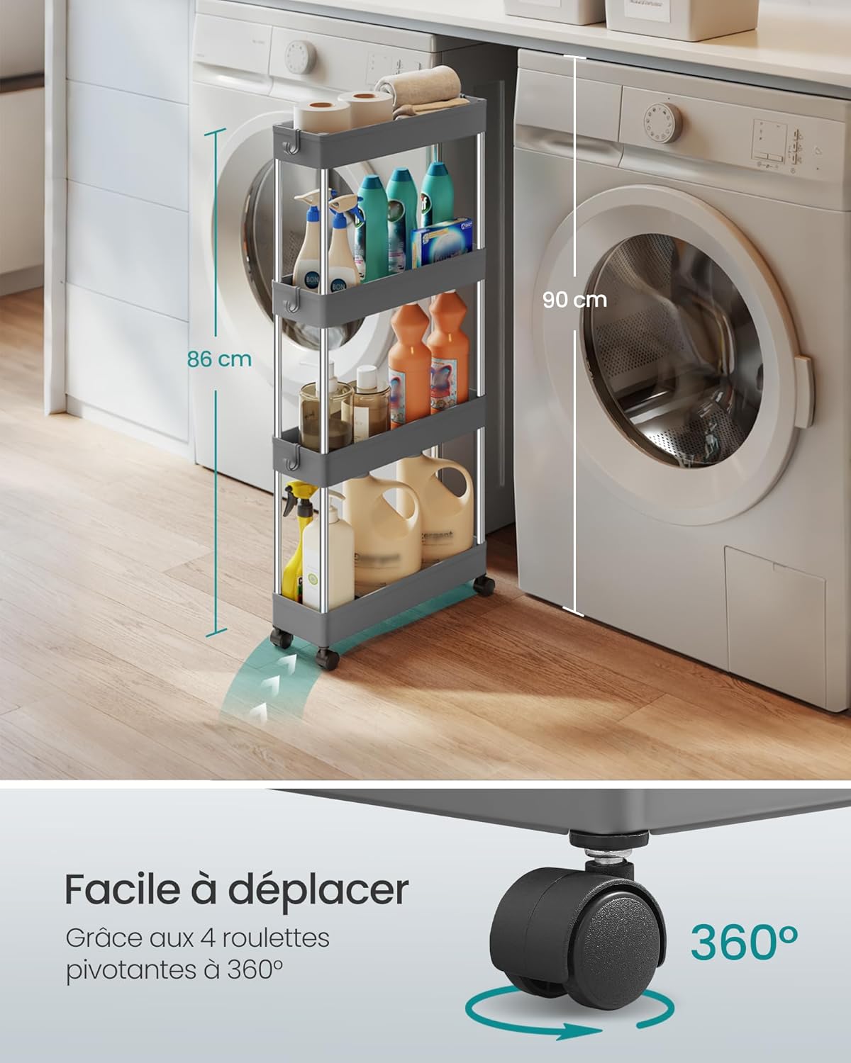 SONGMICS - chariot de cuisine 4 niveaux, acier, 14,4x42x86 cm, 6 crochets KSC008G01