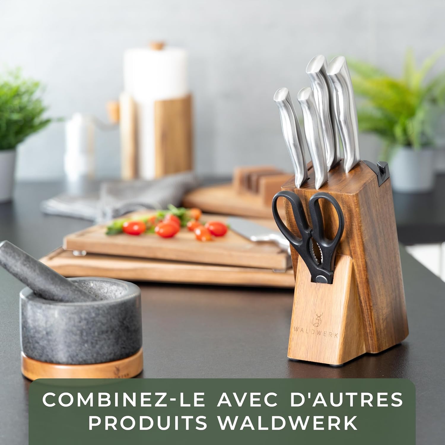 WALDWERK - Bloc couteaux cuisine 7pcs - aiguisoir intégré, support