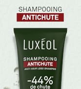 Le texte indique « SHAMPOOING ANTICHUTE LUXEOL » et « -44 % ». Bouteille verte de produit capillaire montrée sous plusieurs angles sur fond blanc.