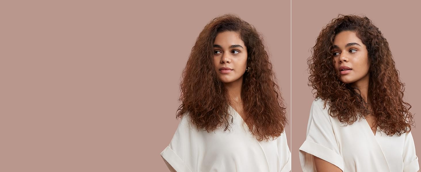 Avant et après : un mannequin aux cheveux brun clair bouclés avec des boucles définies.