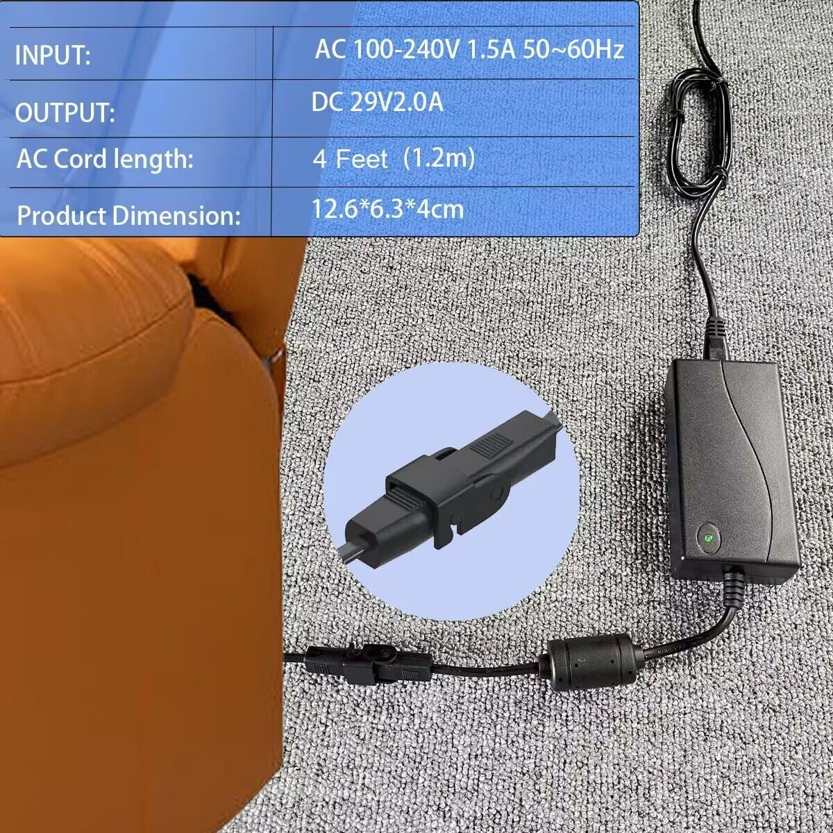 Adaptateur secteur fauteuil inclinable 29V 2A, câble inclus HWX