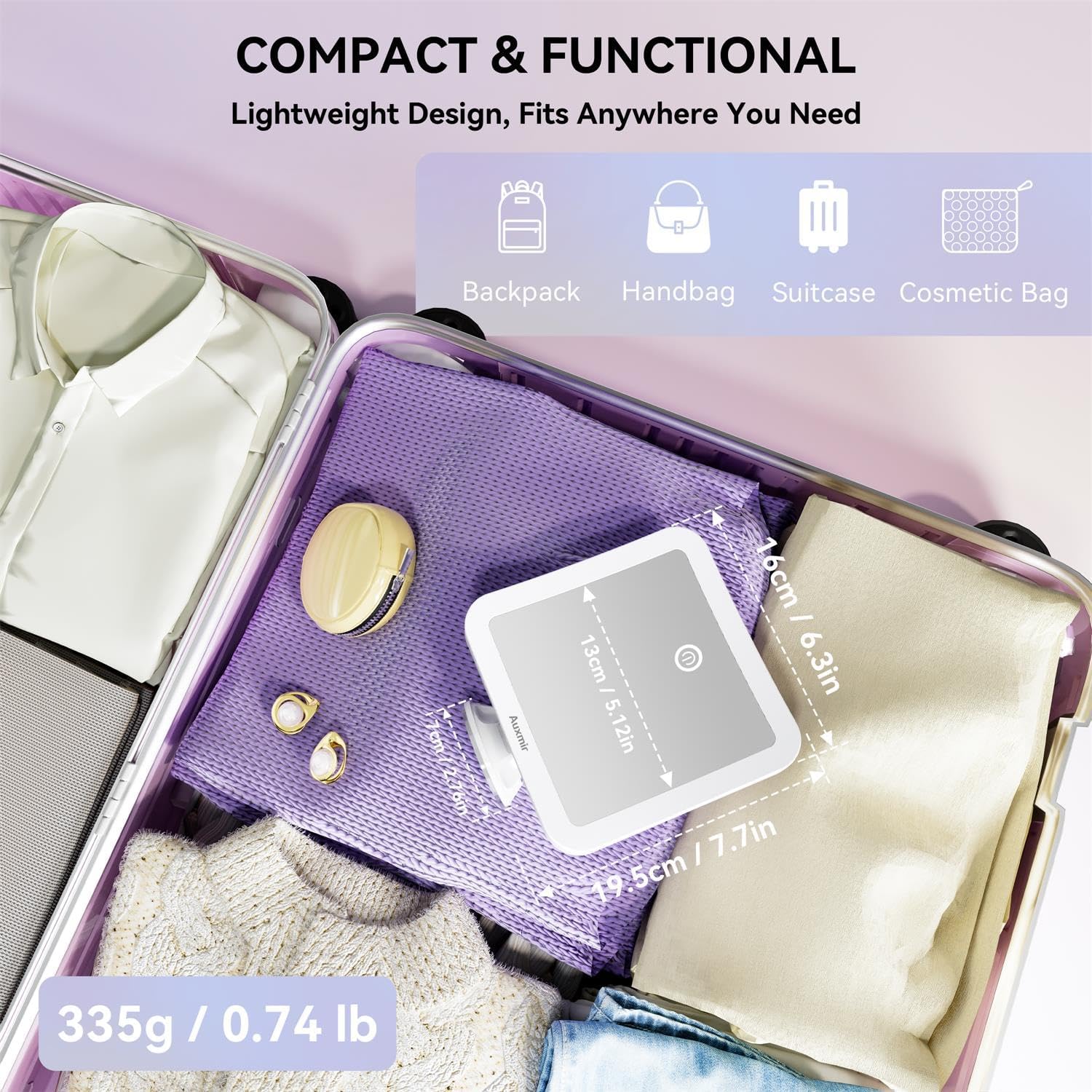 Auxmir - Miroir grossissant 20X - diamètre 15 cm - 40 LED, 3 modes, ventouse 360°, 2000mAh rechargeable