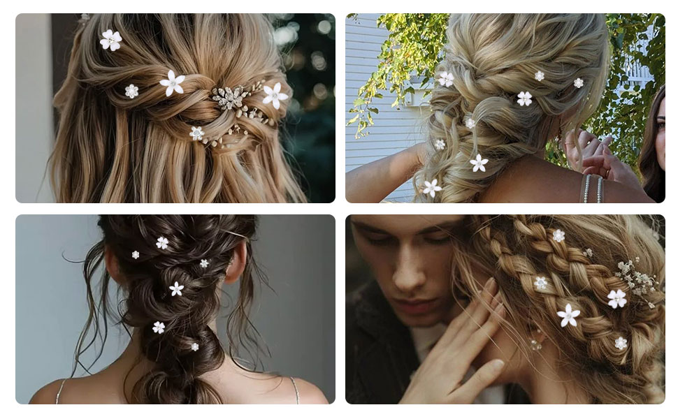 Collection d'images de coiffure montrant des accessoires floraux blancs décoratifs disposés en coiffures relevées sous différents angles.