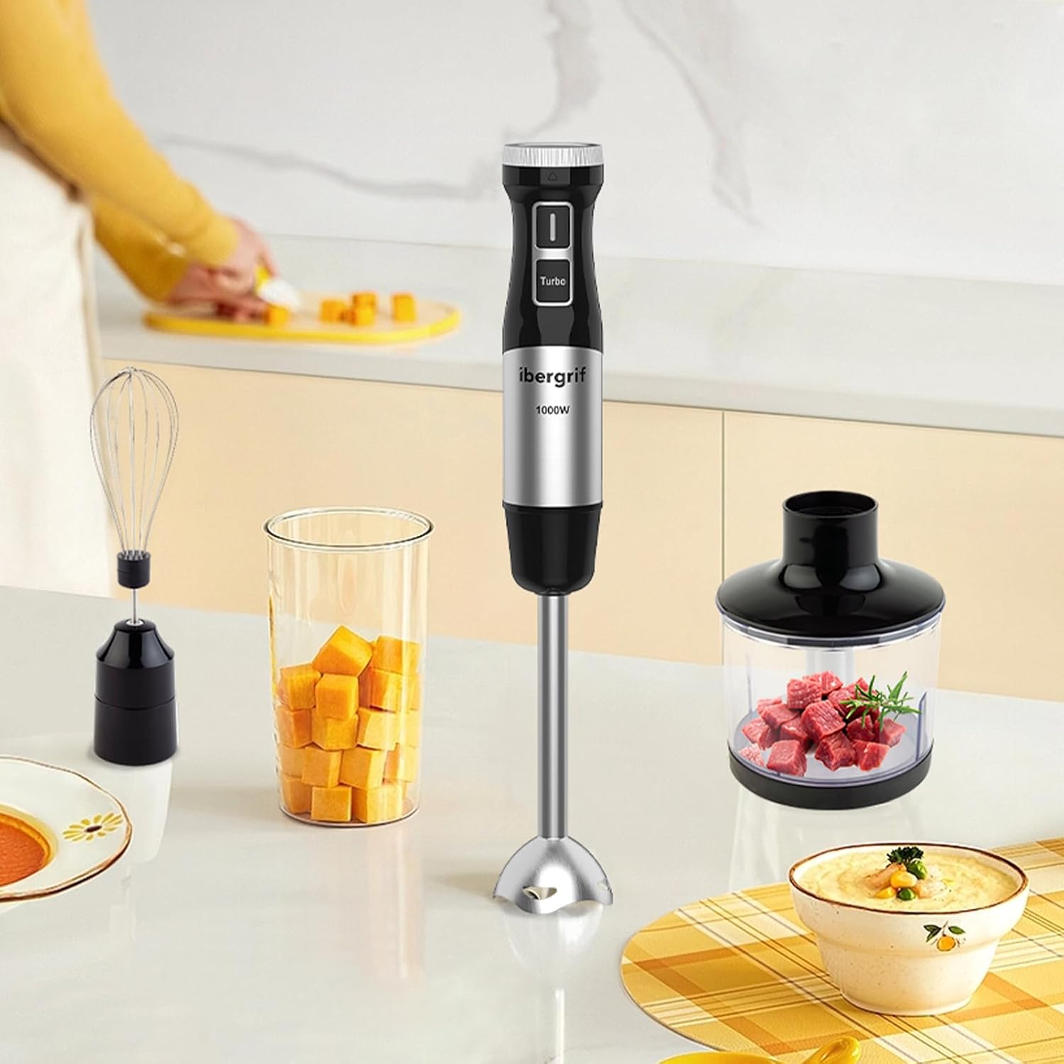 Ibergrif - Mixeur plongeant 4-en-1 acier inox, 1000W, turbo, réglage vitesse