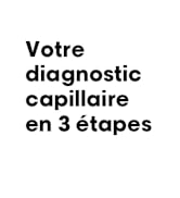Le texte se lit comme suit : « votre diagnostic capillaire en 3 étapes » (votre diagnostic capillaire en 3 étapes) en texte noir sur fond blanc