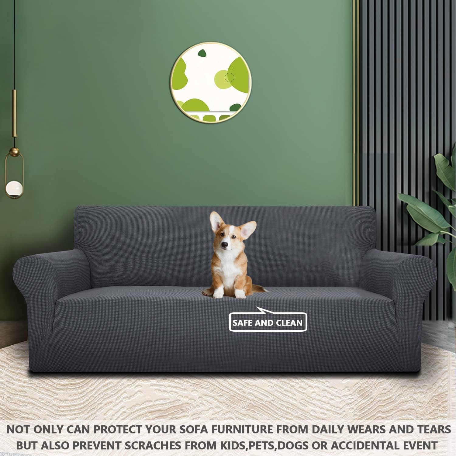 Housse canapé 3 places extensible, gris foncé, lavable, antidérapante