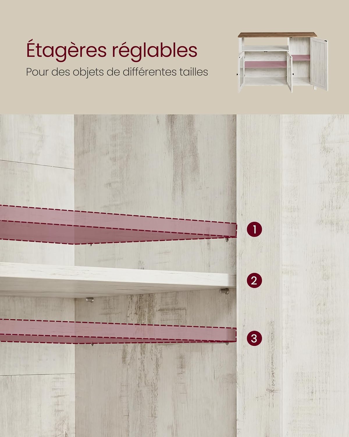 VASAGLE - Buffet série rustique - 33x110x75 cm - 3 portes, marron miel, blanc rustique - LSC096WJ02