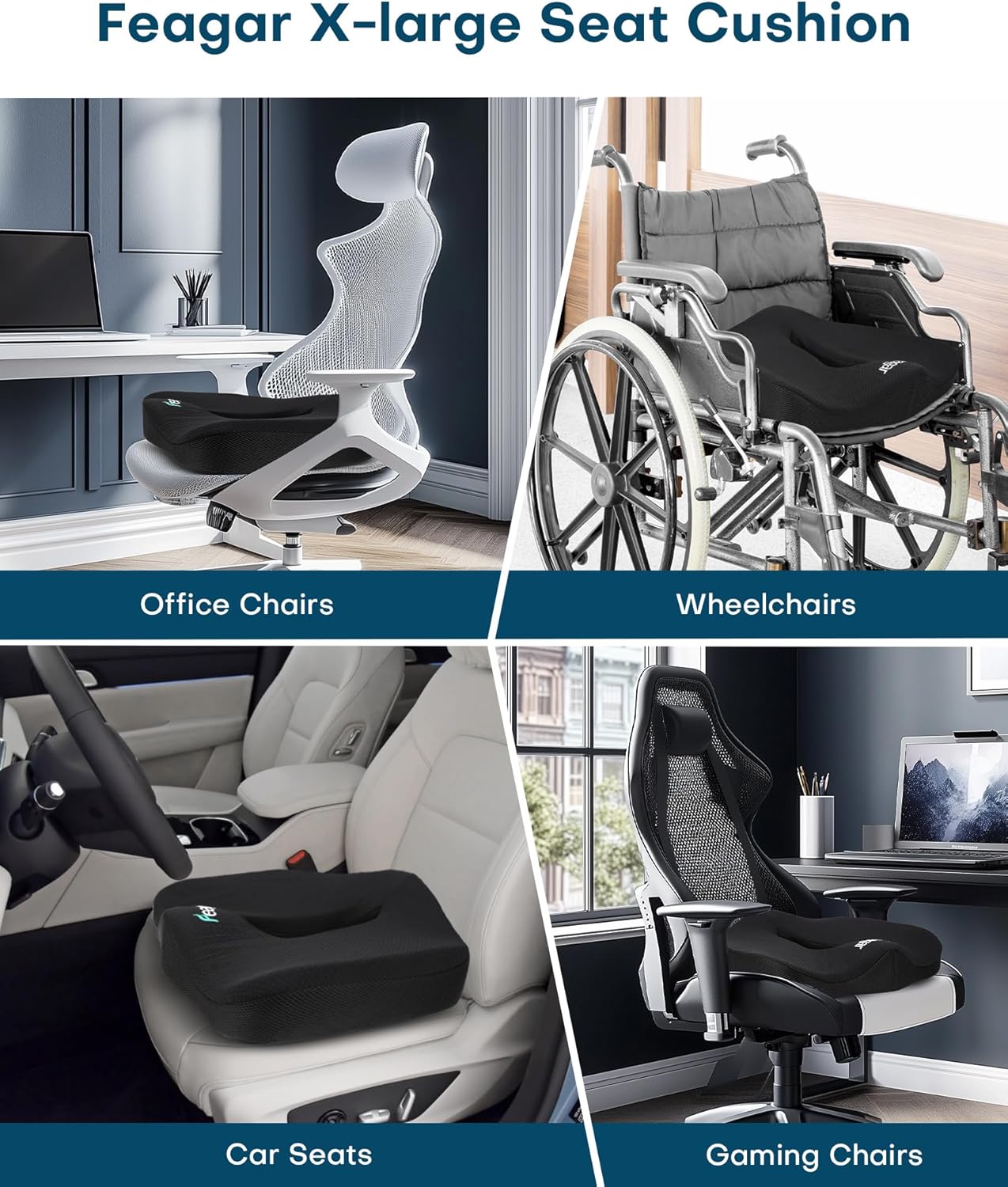 Feagar - Coussin Coccyx Série XXL - 51x46x12 cm - Mémoire de forme, ergonomique