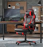 aux couleurs noir et rouge, dotée d'un siège et d'un dossier rembourrés, d'accoudoirs réglables et de roulettes pour un bureau à domicile