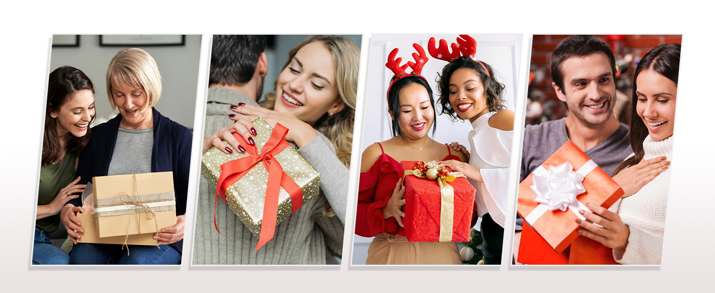 Collage de quatre photos montrant des personnes échangeant des cadeaux de Noël emballés avec du papier cadeau rouge et blanc et des nœuds.