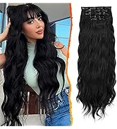 Série de photos présentant de longues extensions de cheveux ondulés noirs ou une perruque sous plusieurs angles sur fond clair.